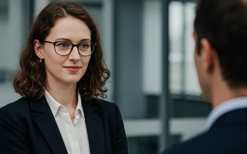 Geschäftsfrau im Gespräch mit einem Kollegen während einer Unternehmensberatung in der Schweiz.