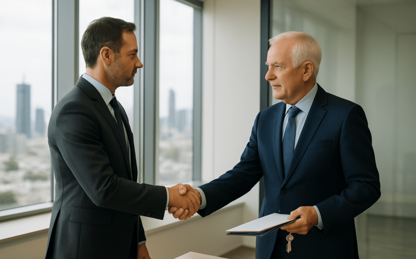 Geschäftspartner im Anzug besiegeln mit einem Handschlag die erfolgreiche Übergabe eines Unternehmens in der Schweiz.